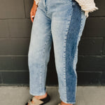 Two Tone Stretch Barrel Crop Blue Jean - Lace and Grace Boutique
