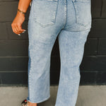 Two Tone Stretch Barrel Crop Blue Jean - Lace and Grace Boutique