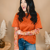 Embroidered Sheer Sleeve Top - Cognac