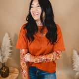 Embroidered Sheer Sleeve Top - Cognac