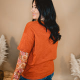 Embroidered Sheer Sleeve Top - Cognac