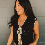 Scalloped Crochet Sweater Vest With Bow Details - Black/Natural - Lace and Grace Boutique