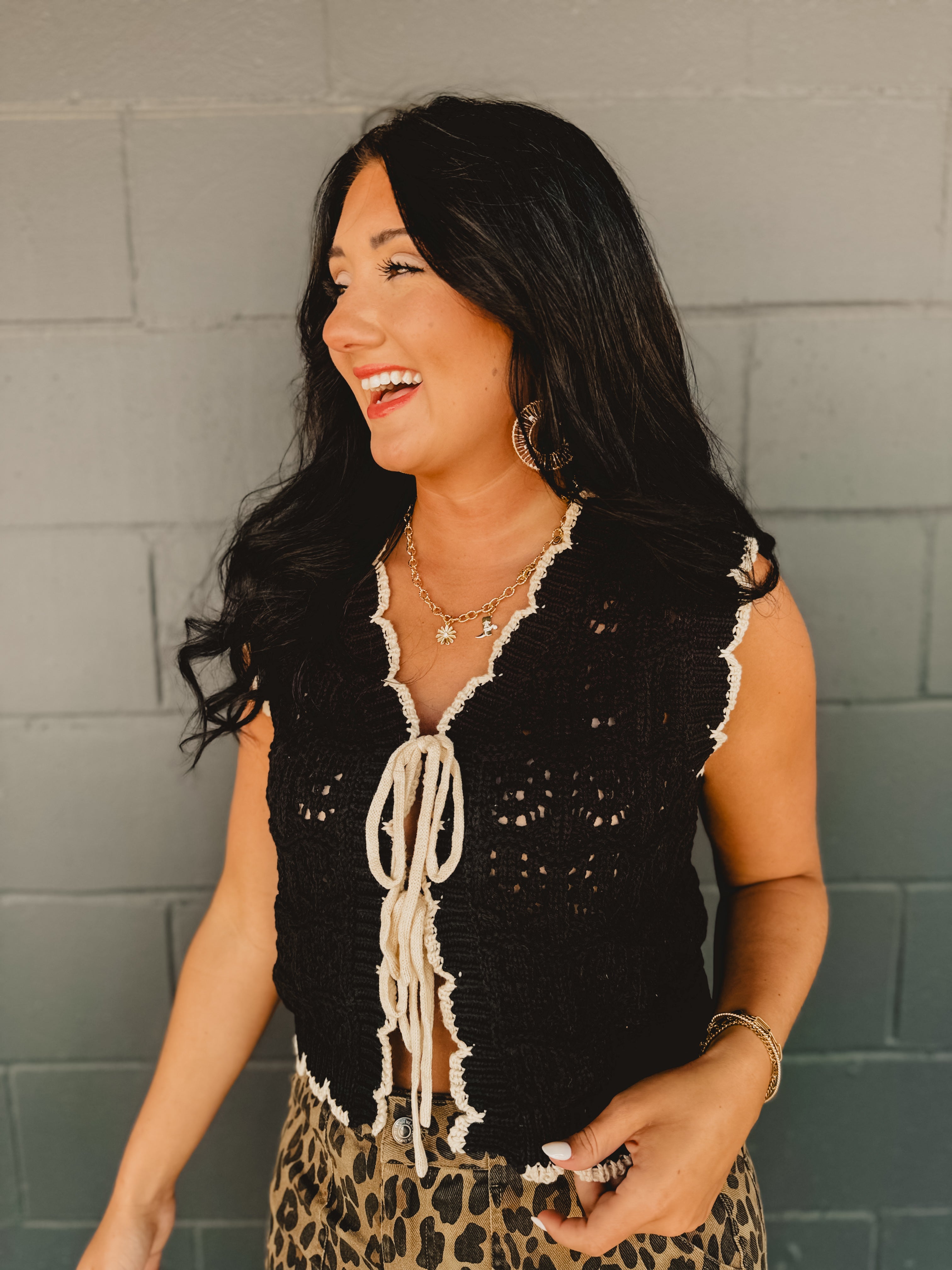 Scalloped Crochet Sweater Vest With Bow Details - Black/Natural - Lace and Grace Boutique