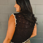 Scalloped Crochet Sweater Vest With Bow Details - Black/Natural - Lace and Grace Boutique
