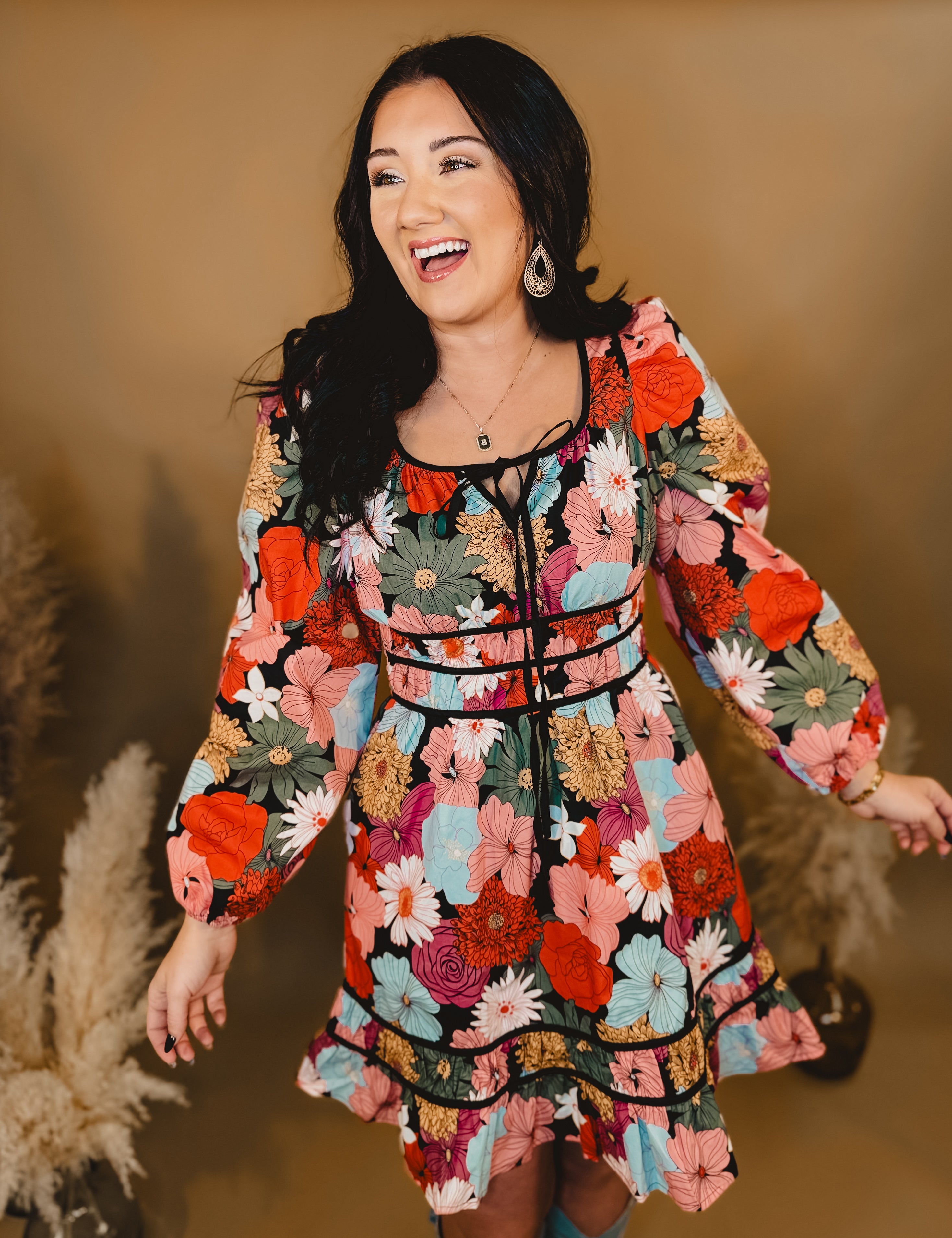 Floral Front Tie Detail Long Sleeve Dress Black Lace and Grace