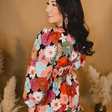 Floral Front Tie Detail Long Sleeve Dress - Black