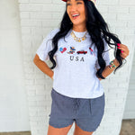 Patriotic Embroidered USA Graphic Tee - Grey - Lace and Grace Boutique