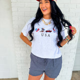 Patriotic Embroidered USA Graphic Tee - Grey - Lace and Grace Boutique