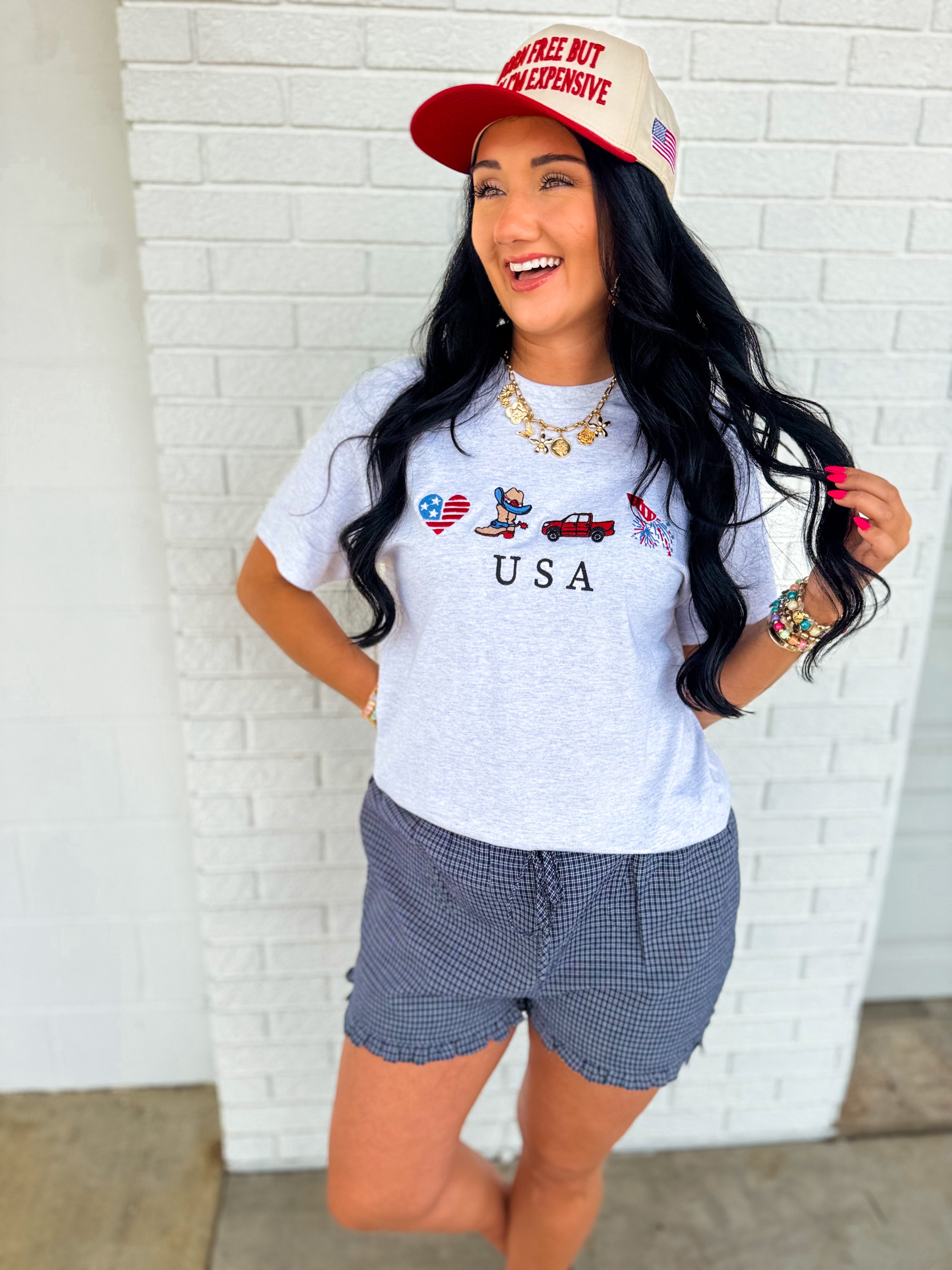 Patriotic Embroidered USA Graphic Tee - Grey - Lace and Grace Boutique