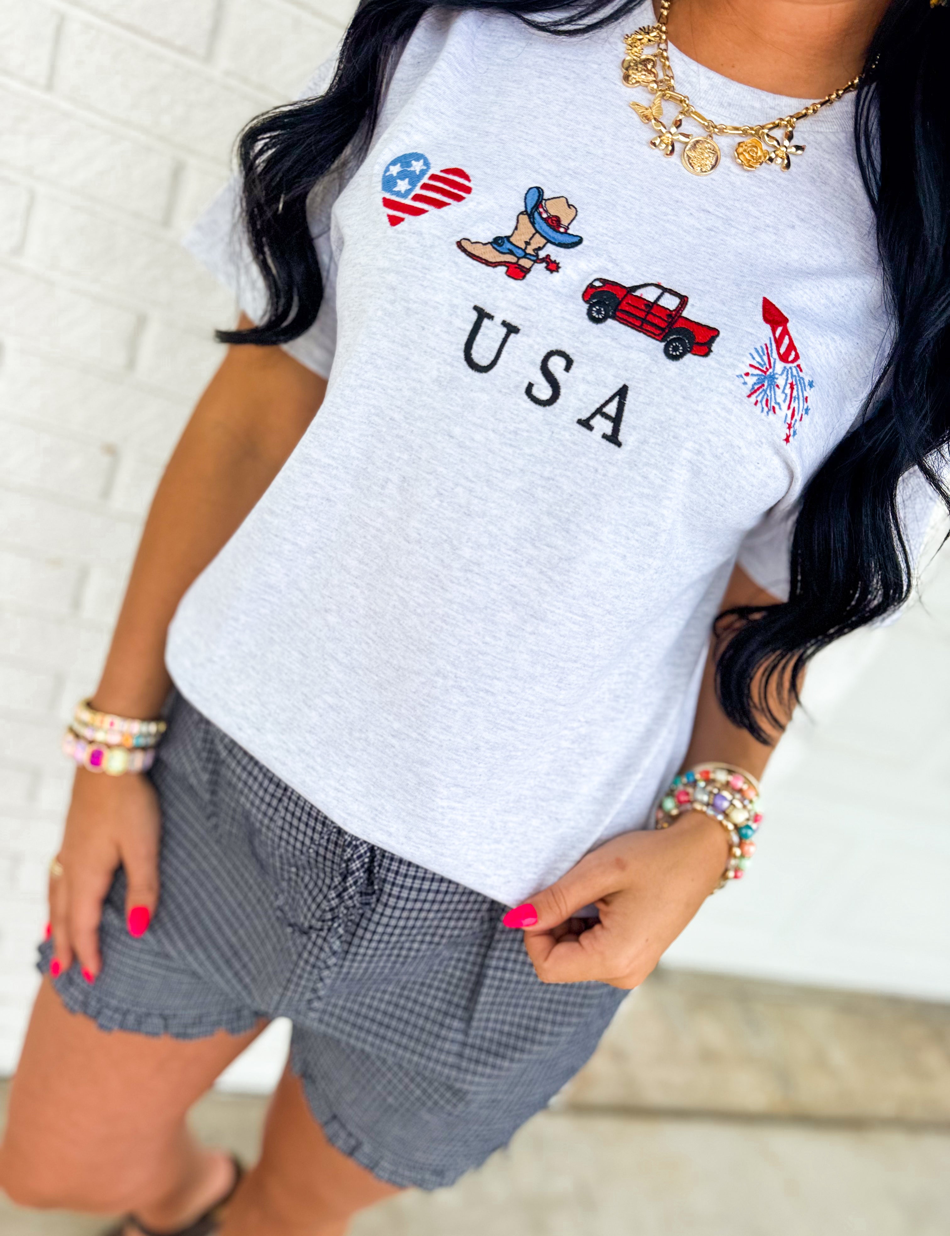 Patriotic Embroidered USA Graphic Tee - Grey - Lace and Grace Boutique