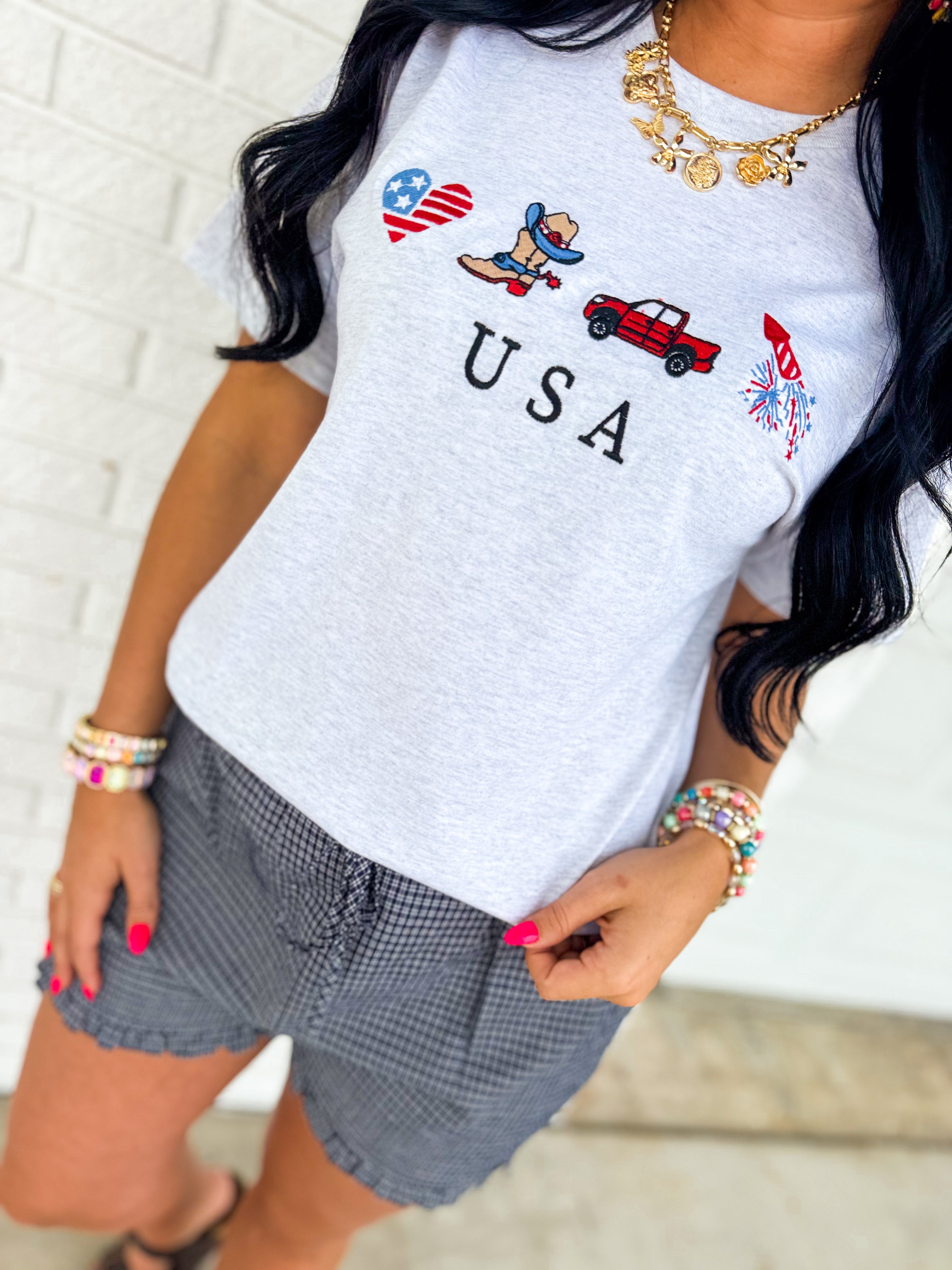Patriotic Embroidered USA Graphic Tee - Grey - Lace and Grace Boutique
