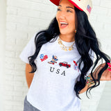 Patriotic Embroidered USA Graphic Tee - Grey - Lace and Grace Boutique