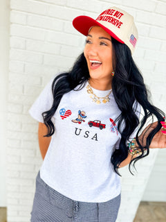 Patriotic Embroidered USA Graphic Tee - Grey - Lace and Grace Boutique