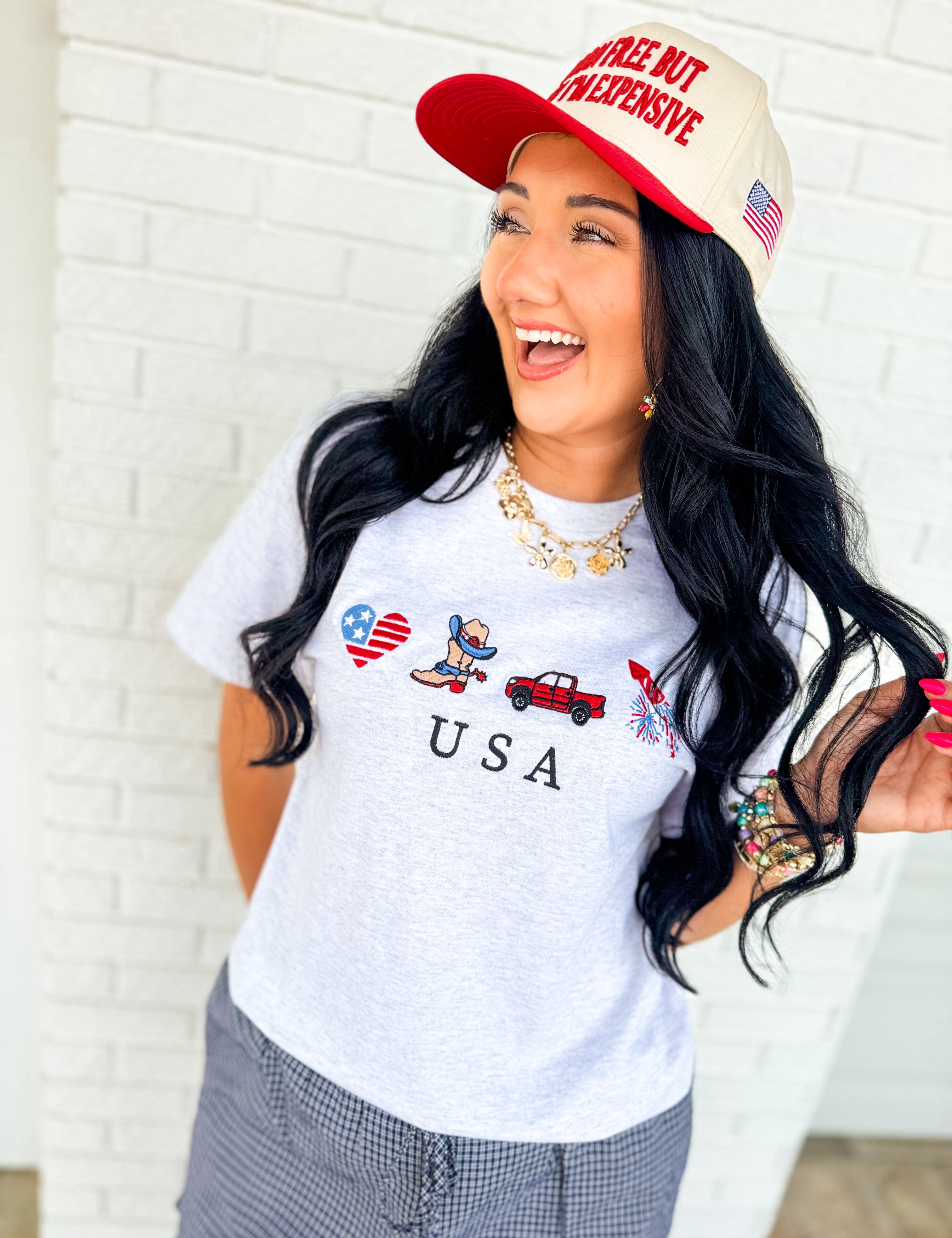 Patriotic Embroidered USA Graphic Tee - Grey - Lace and Grace Boutique