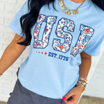 USA Floral Graphic Tee - Light Blue - Lace and Grace Boutique