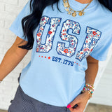 USA Floral Graphic Tee - Light Blue - Lace and Grace Boutique