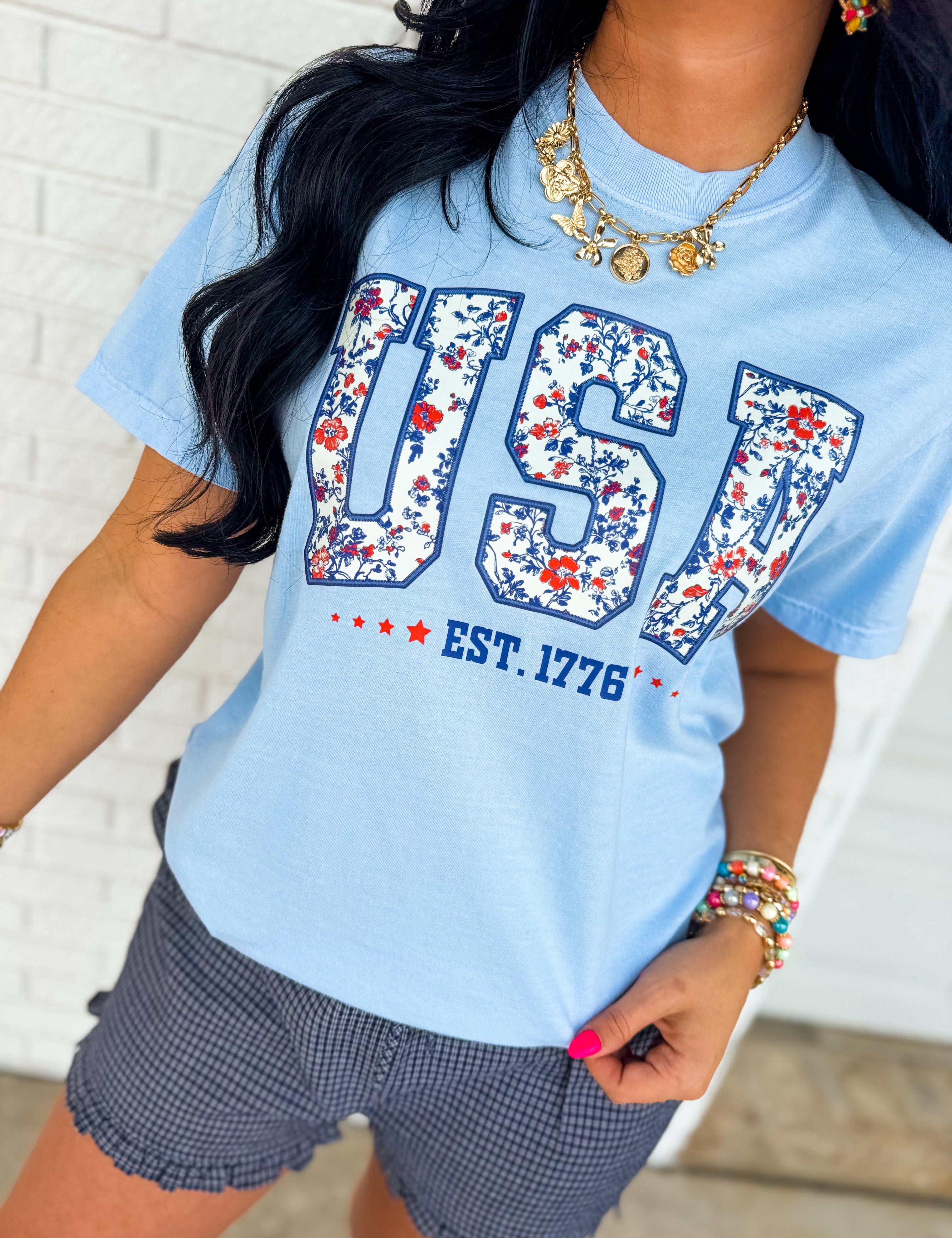 USA Floral Graphic Tee - Light Blue - Lace and Grace Boutique