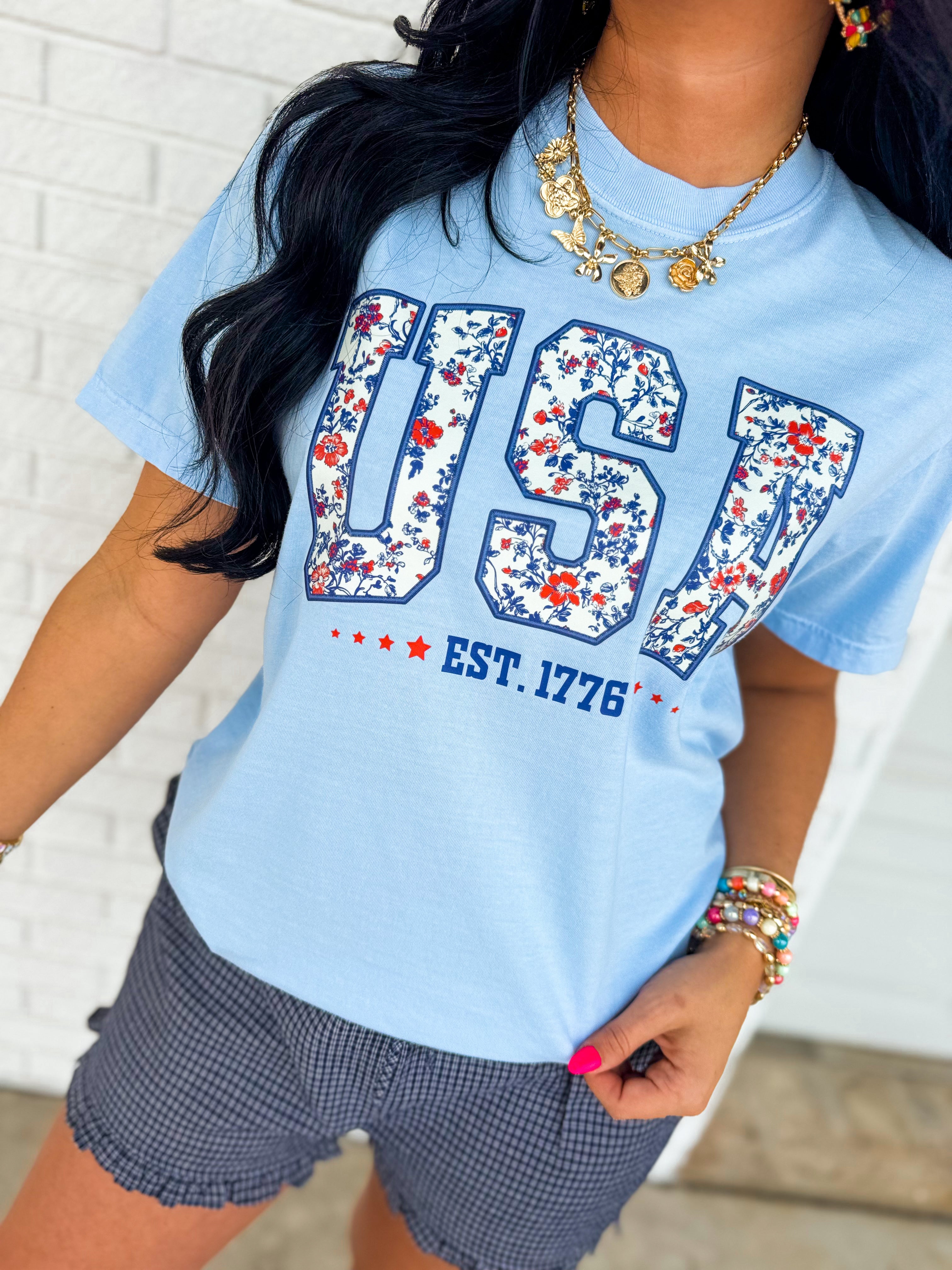 USA Floral Graphic Tee - Light Blue - Lace and Grace Boutique