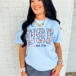 USA Floral Graphic Tee - Light Blue - Lace and Grace Boutique