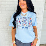 USA Floral Graphic Tee - Light Blue - Lace and Grace Boutique