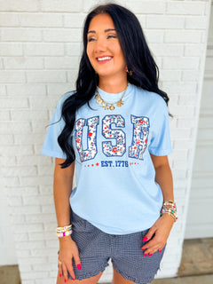USA Floral Graphic Tee - Light Blue - Lace and Grace Boutique
