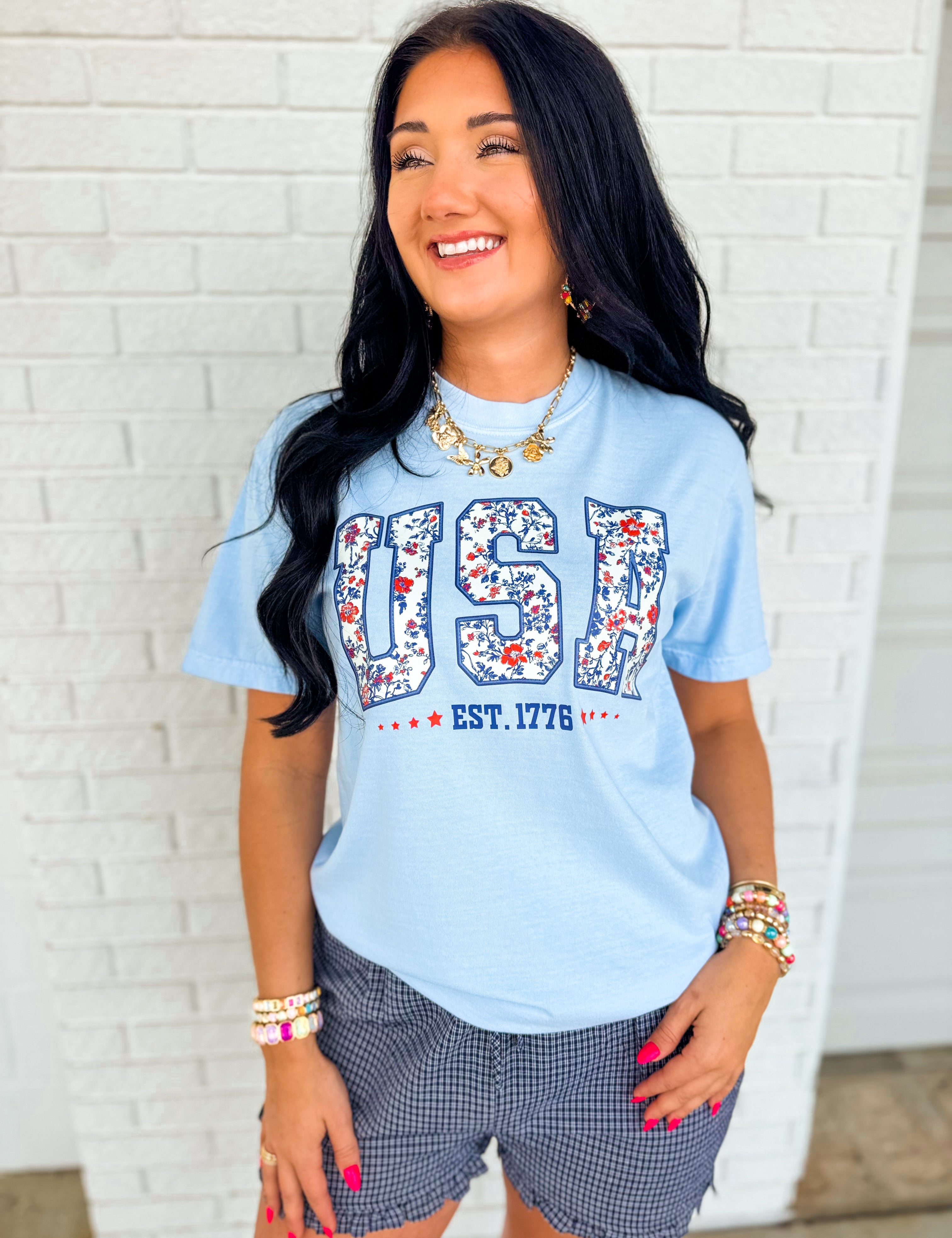 USA Floral Graphic Tee - Light Blue - Lace and Grace Boutique