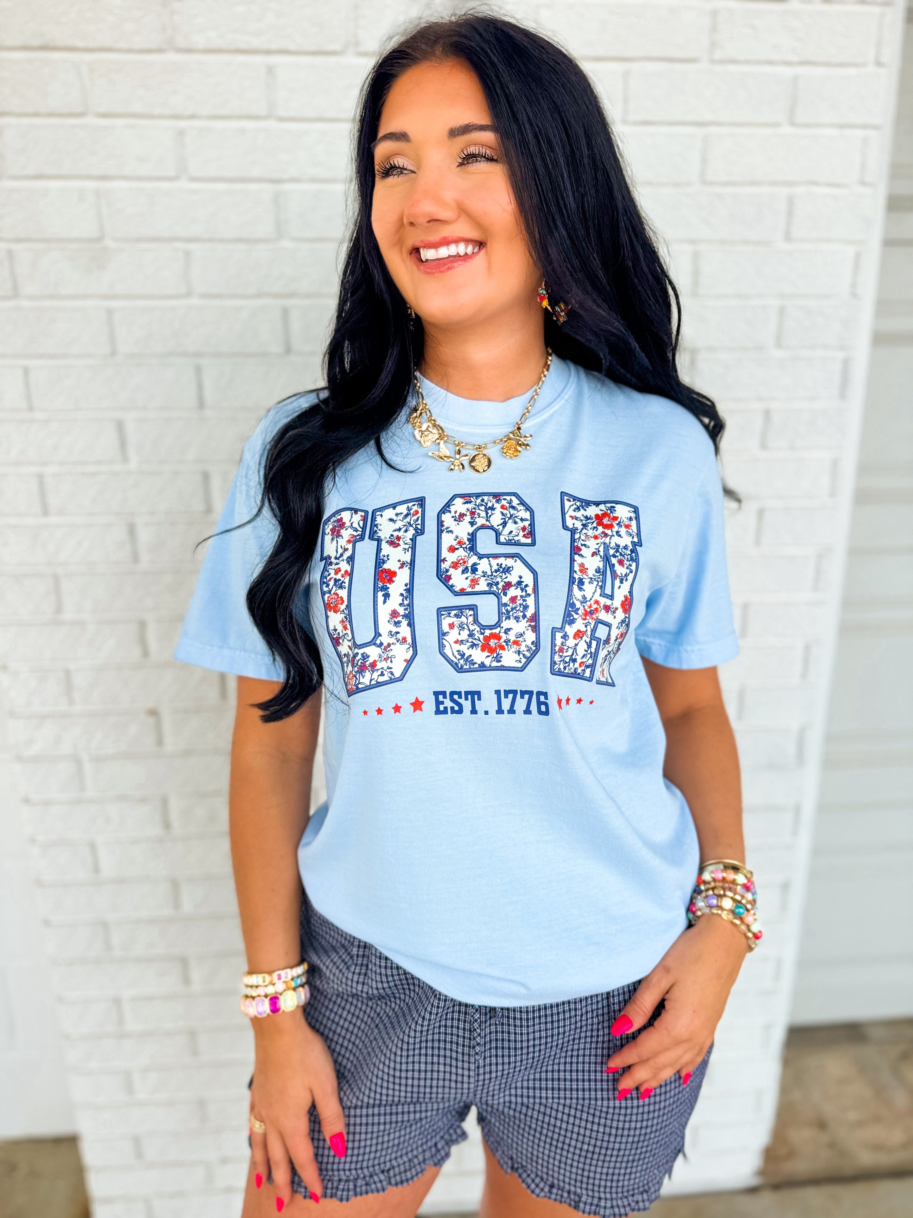 USA Floral Graphic Tee - Light Blue - Lace and Grace Boutique