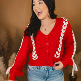 Threaded Ribbon Knit Cardigan - Holly Red