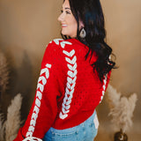 Threaded Ribbon Knit Cardigan - Holly Red