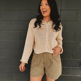 Raw Edge Hem Denim Shorts - Olive