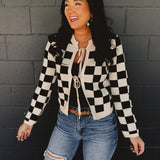 Checkered Tie Front Sweater Cardigan - Oatmeal/Black