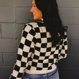 Checkered Tie Front Sweater Cardigan - Oatmeal/Black