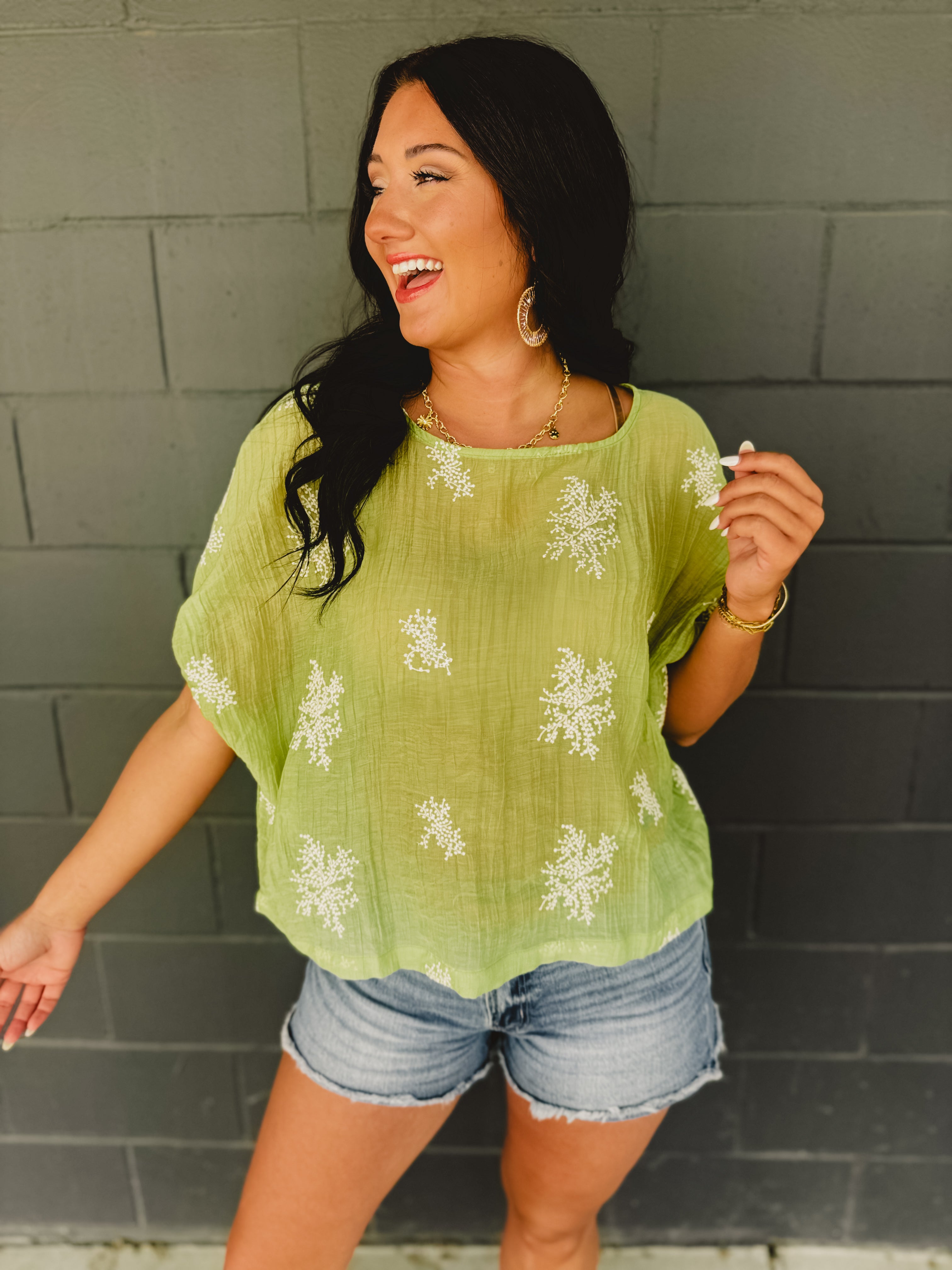 Embroidered Dolman Sleeve Top - Eucalyptus - Lace and Grace Boutique