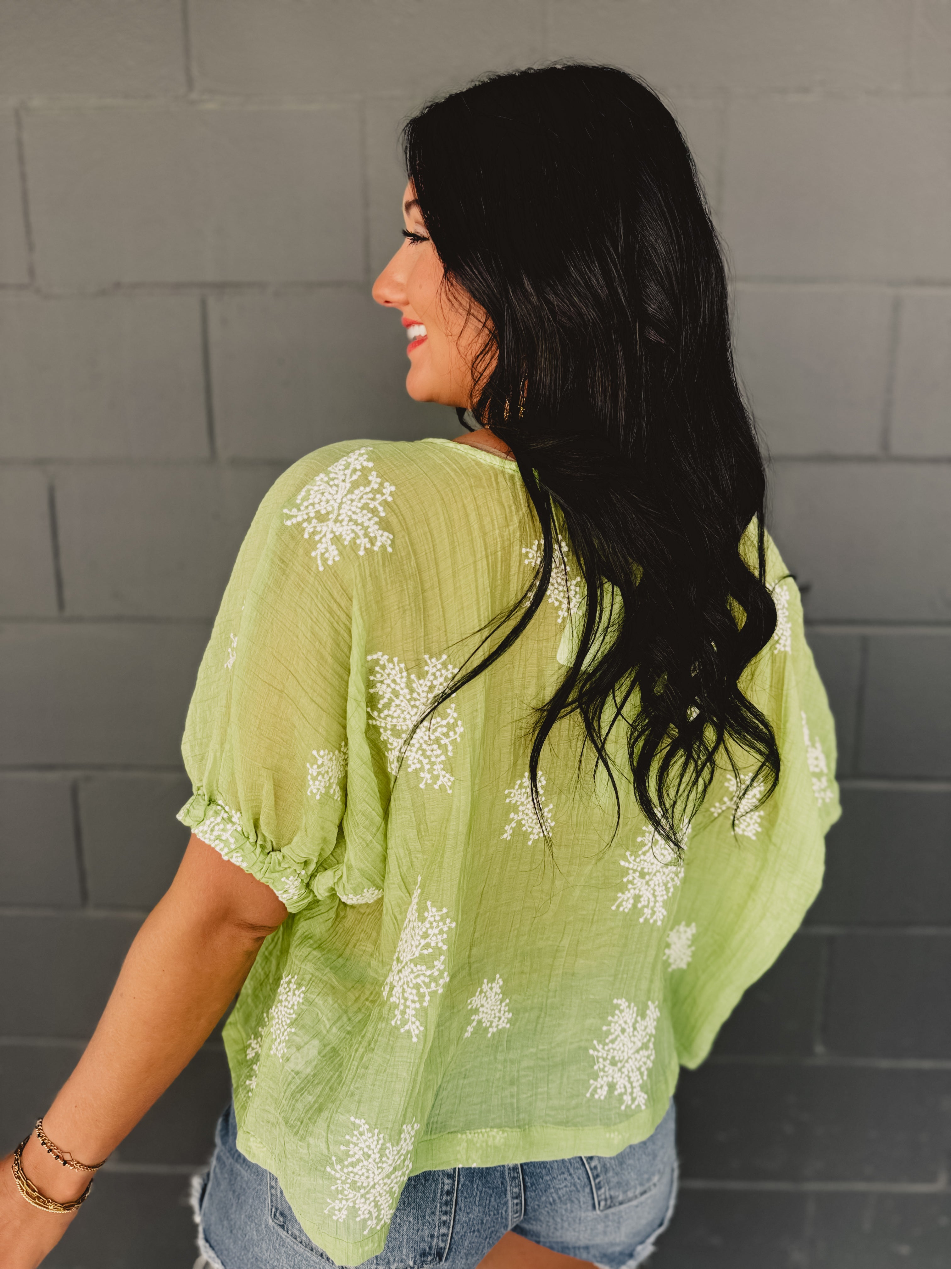 Embroidered Dolman Sleeve Top - Eucalyptus - Lace and Grace Boutique