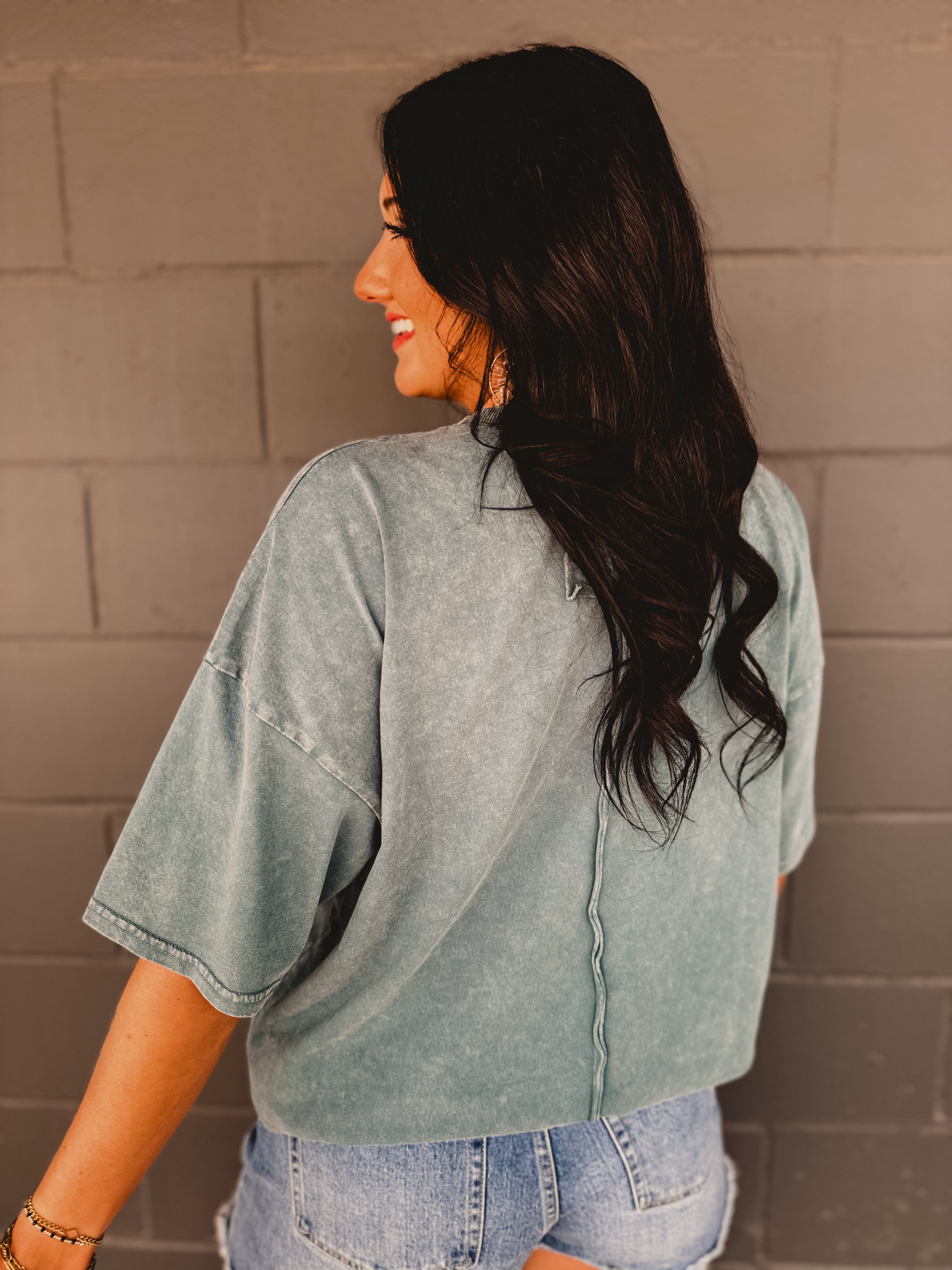 Short Sleeve Mineral Washed Oversized Top - Faded Teal - Lace and Grace Boutique