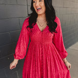Smocked Button Down Long Sleeve Maxi Dress - Cherry Tomato