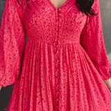 Smocked Button Down Long Sleeve Maxi Dress - Cherry Tomato