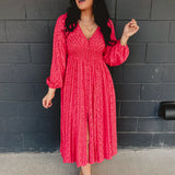 Smocked Button Down Long Sleeve Maxi Dress - Cherry Tomato