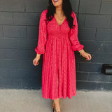 Smocked Button Down Long Sleeve Maxi Dress - Cherry Tomato
