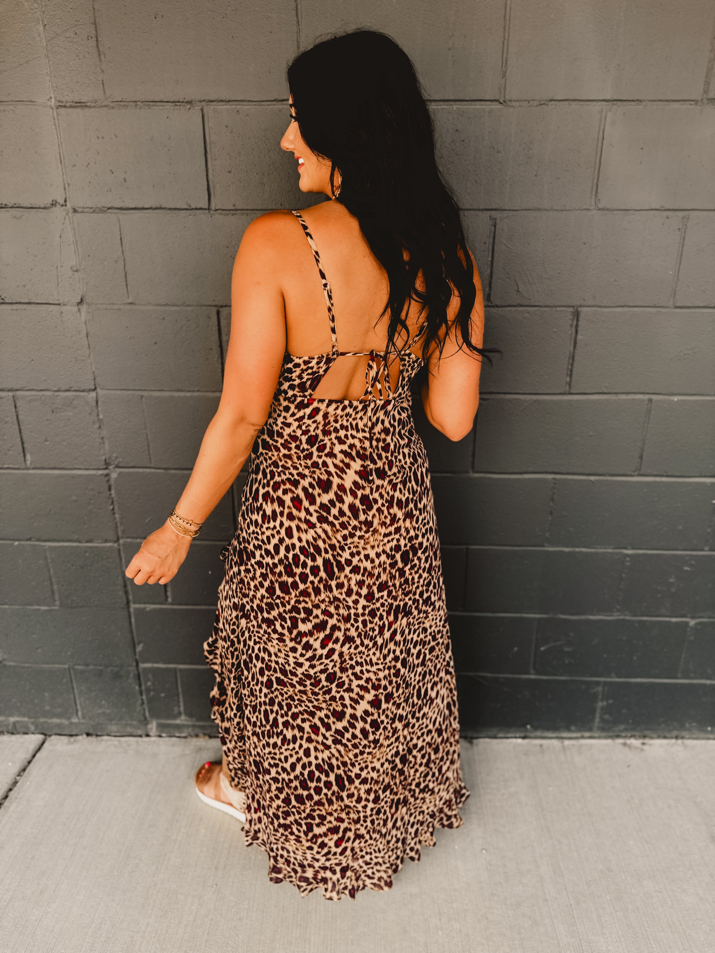Leopard Ruffle Asymmetrical Midi Dress - Lace and Grace Boutique