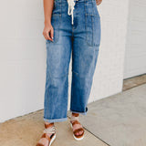 Risen High Rise Cropped Barrel Cargo Pant - Lt. Denim