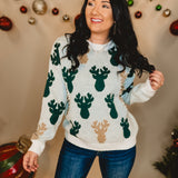 Pearl Beaded Reindeer Christmas Sweater - Ivory/Hunter