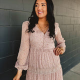 Floral Lace Tiered Long Sleeve Maxi Dress - Pastel Pink