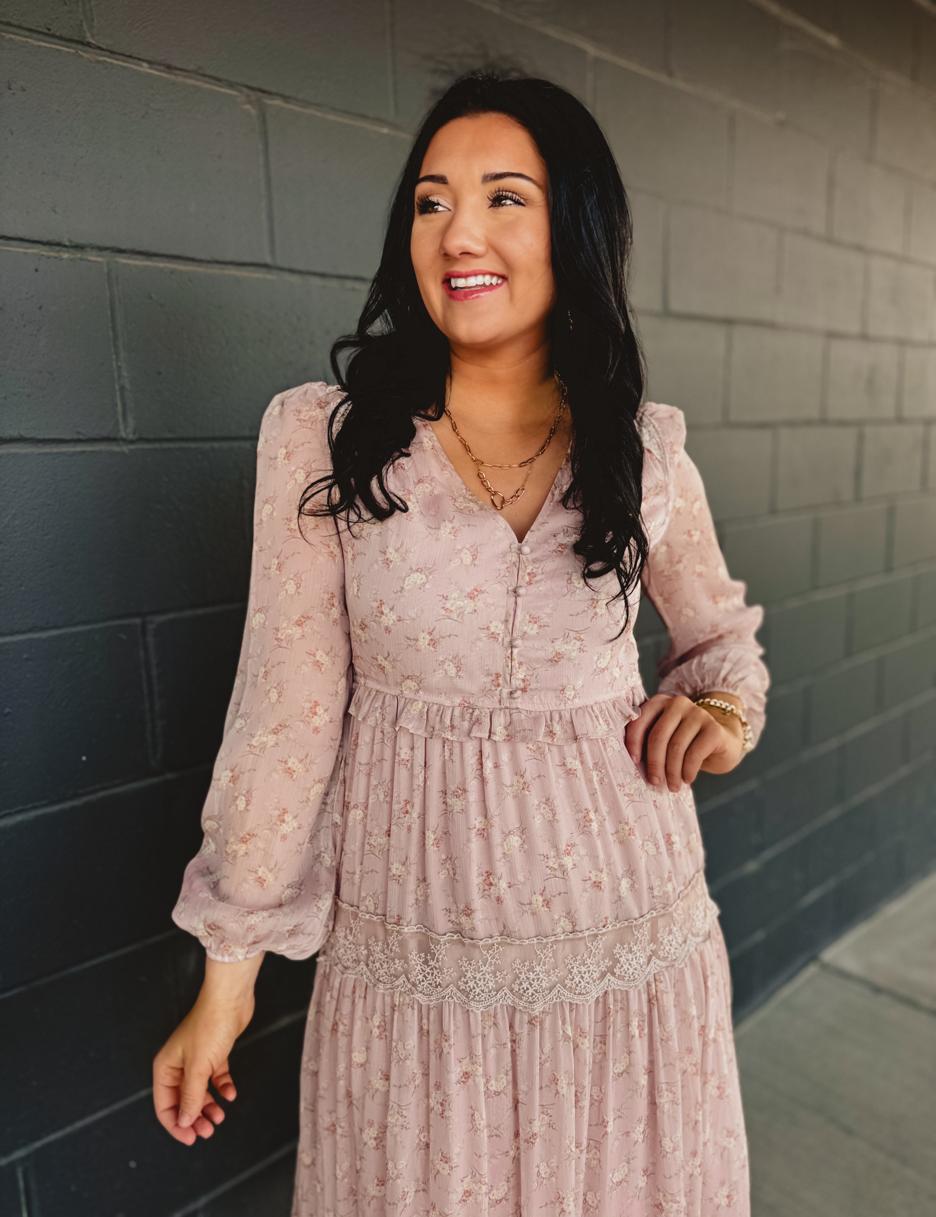 Floral Lace Tiered Long Sleeve Maxi Dress - Pastel Pink Medium Floral Lace Tiered Long Sleeve Maxi Dress - Pastel Pink Medium