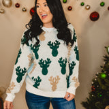 Pearl Beaded Reindeer Christmas Sweater - Ivory/Hunter