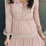 Floral Lace Tiered Long Sleeve Maxi Dress - Pastel Pink