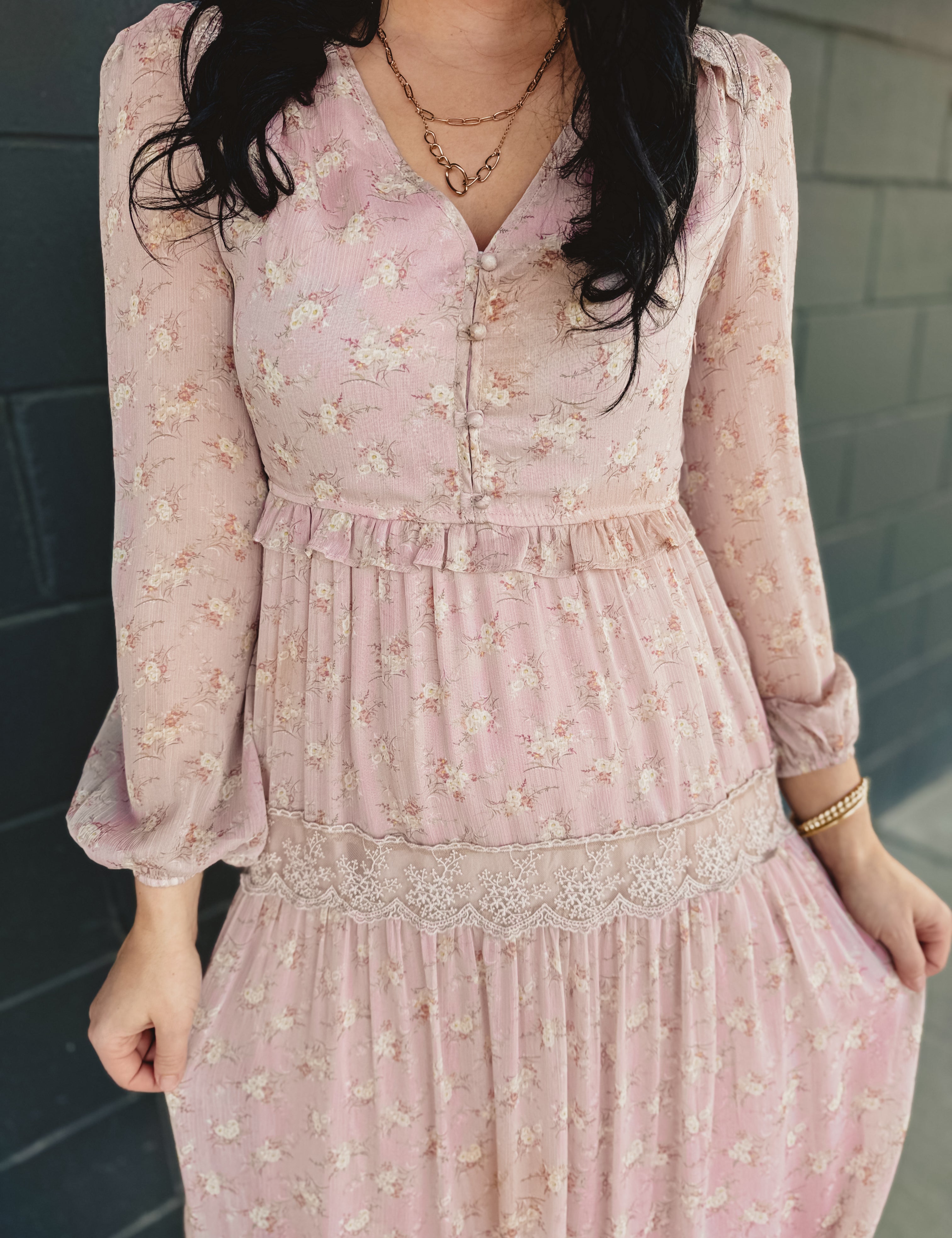 Floral Lace Tiered Long Sleeve Maxi Dress - Pastel Pink Medium Floral Lace Tiered Long Sleeve Maxi Dress - Pastel Pink Medium