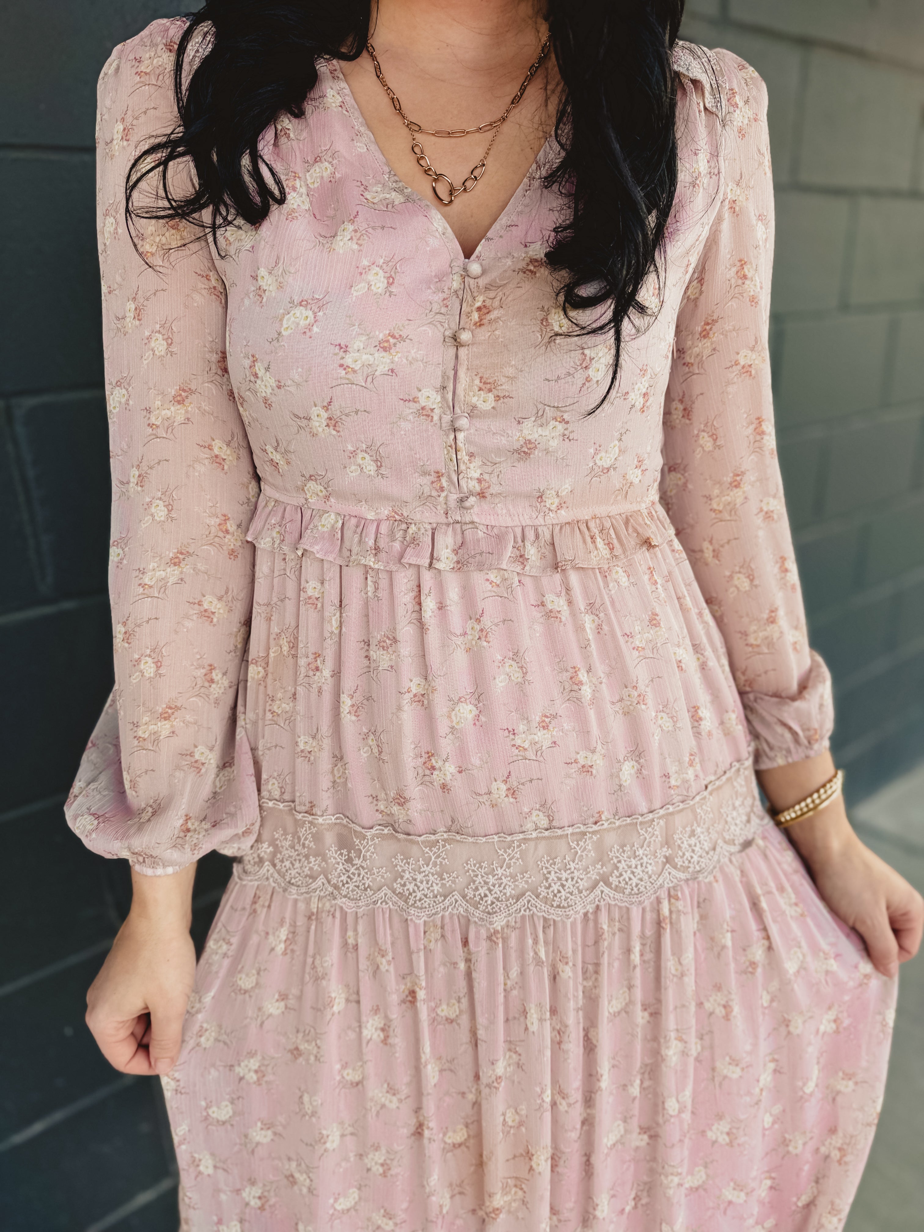 Floral Lace Tiered Long Sleeve Maxi Dress - Pastel Pink Large Floral Lace Tiered Long Sleeve Maxi Dress - Pastel Pink Large