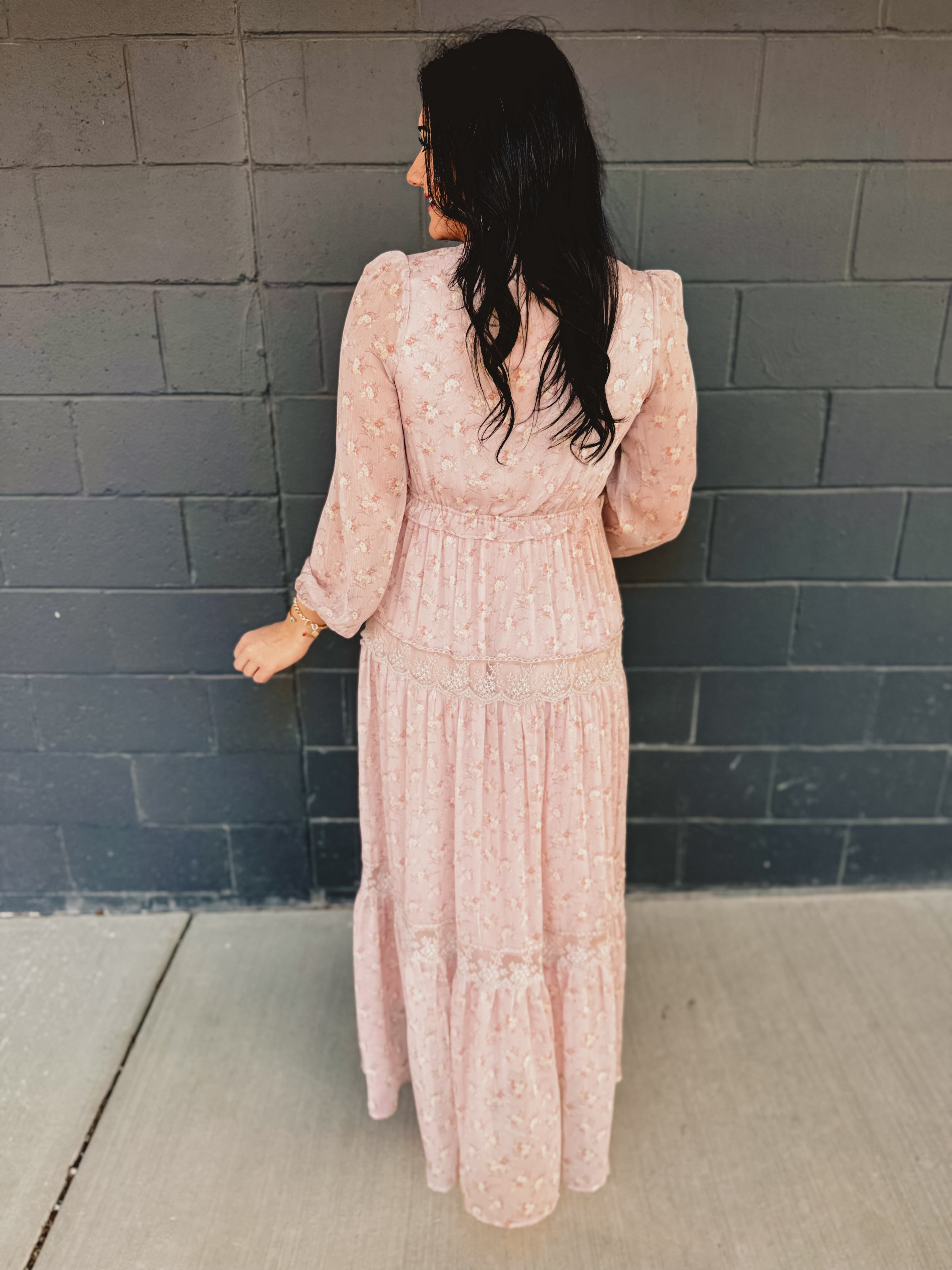 Floral Lace Tiered Long Sleeve Maxi Dress - Pastel Pink Medium Floral Lace Tiered Long Sleeve Maxi Dress - Pastel Pink Medium
