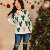 Pearl Beaded Reindeer Christmas Sweater - Ivory/Hunter